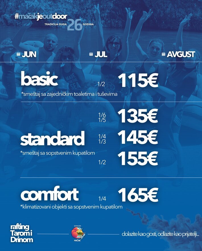 O nama rafting cene smestaja: basic 115€, standard 135€,145€,155€, comfort 165€