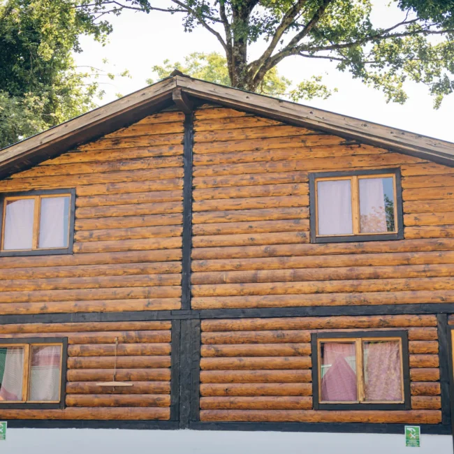 Front view of a rustic wooden cabin with a sloped roof, featuring four windows and a wooden door, surrounded by trees.